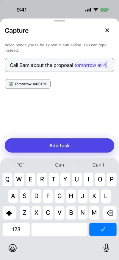 Saying a task on iPhone: the words appear as you speak, with the date and time picked out